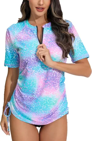 Halcurt Women's Half Zip Short Sleeve Rash Guard Swimsuit Top Ruched Swim Shirt UPF50  Quick Dry Bathing Suit