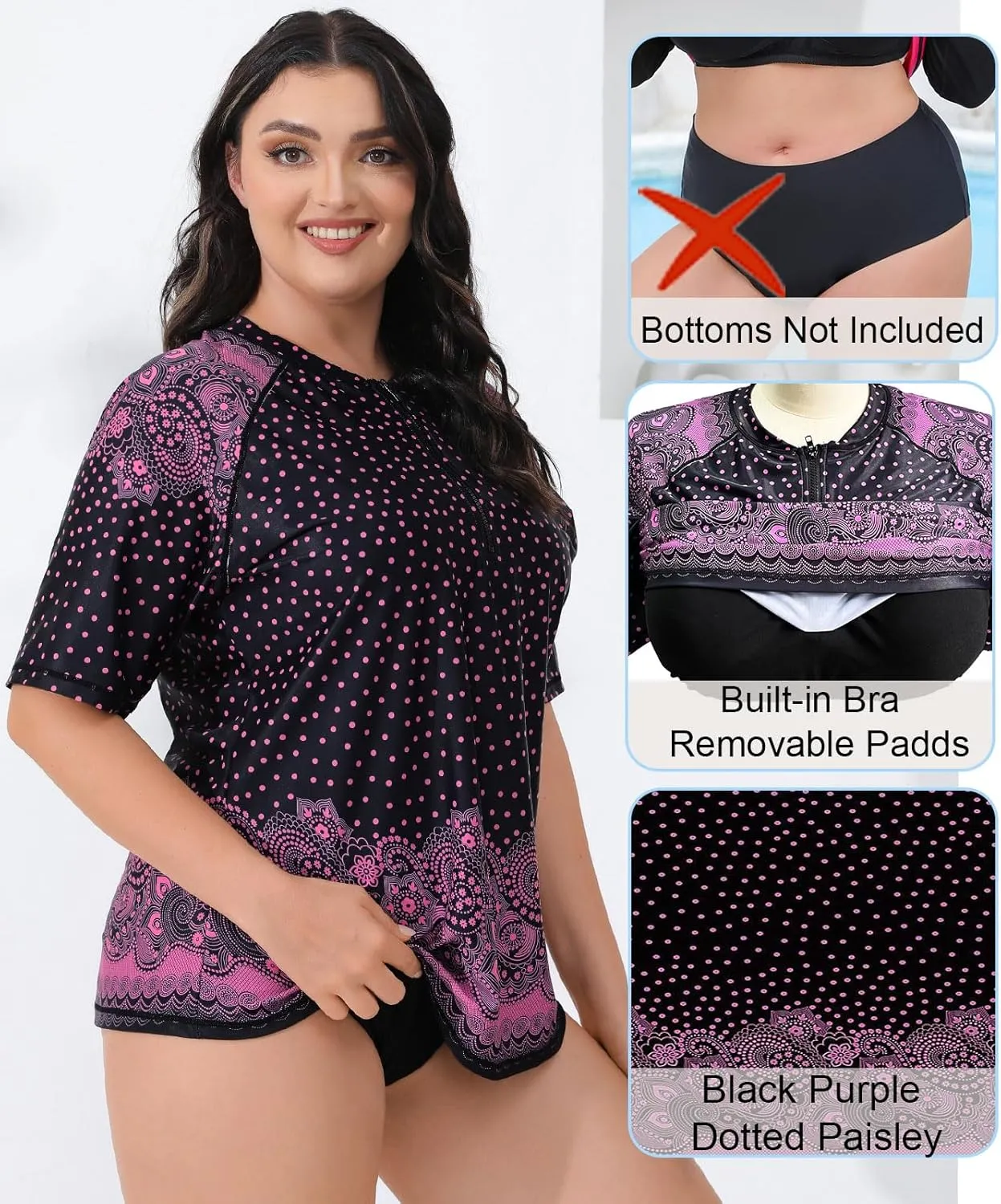 Halcurt Women's Plus Size Half Zip Short Sleeve Rash Guard Swim Shirt Top with Bra UPF50  Swimsuit
