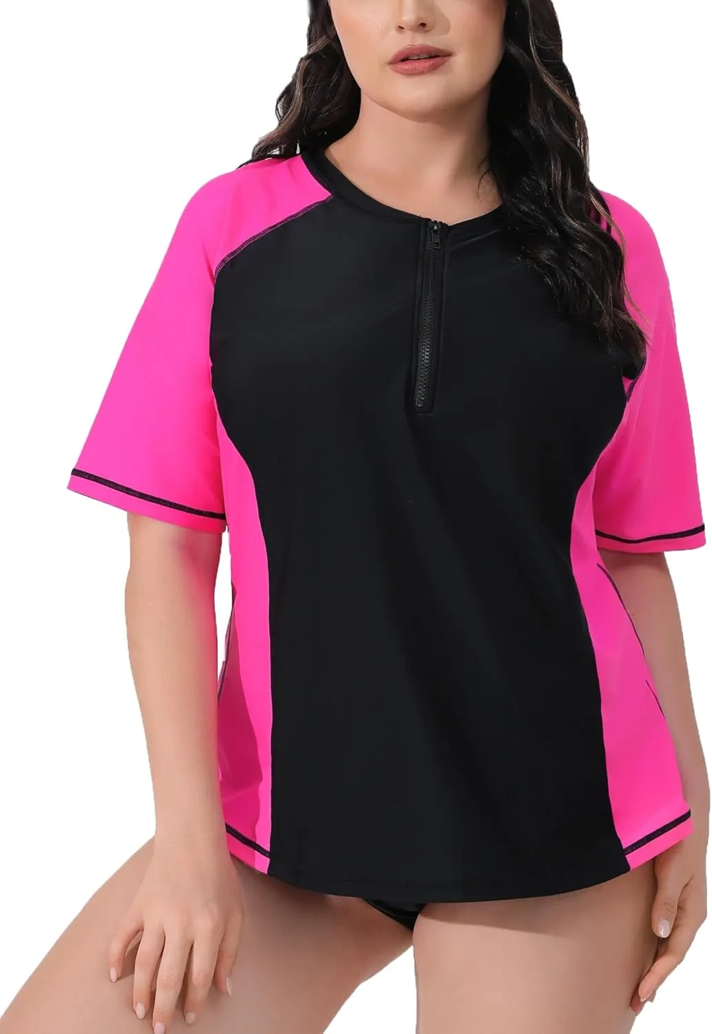 Halcurt Women's Plus Size Half Zip Short Sleeve Rash Guard Swim Shirt Top with Bra UPF50  Swimsuit