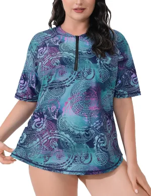Halcurt Women's Plus Size Half Zip Short Sleeve Rash Guard Swim Shirt Top with Bra UPF50  Swimsuit
