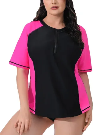 Halcurt Women's Plus Size Half Zip Short Sleeve Rash Guard Swim Shirt Top with Bra UPF50  Swimsuit