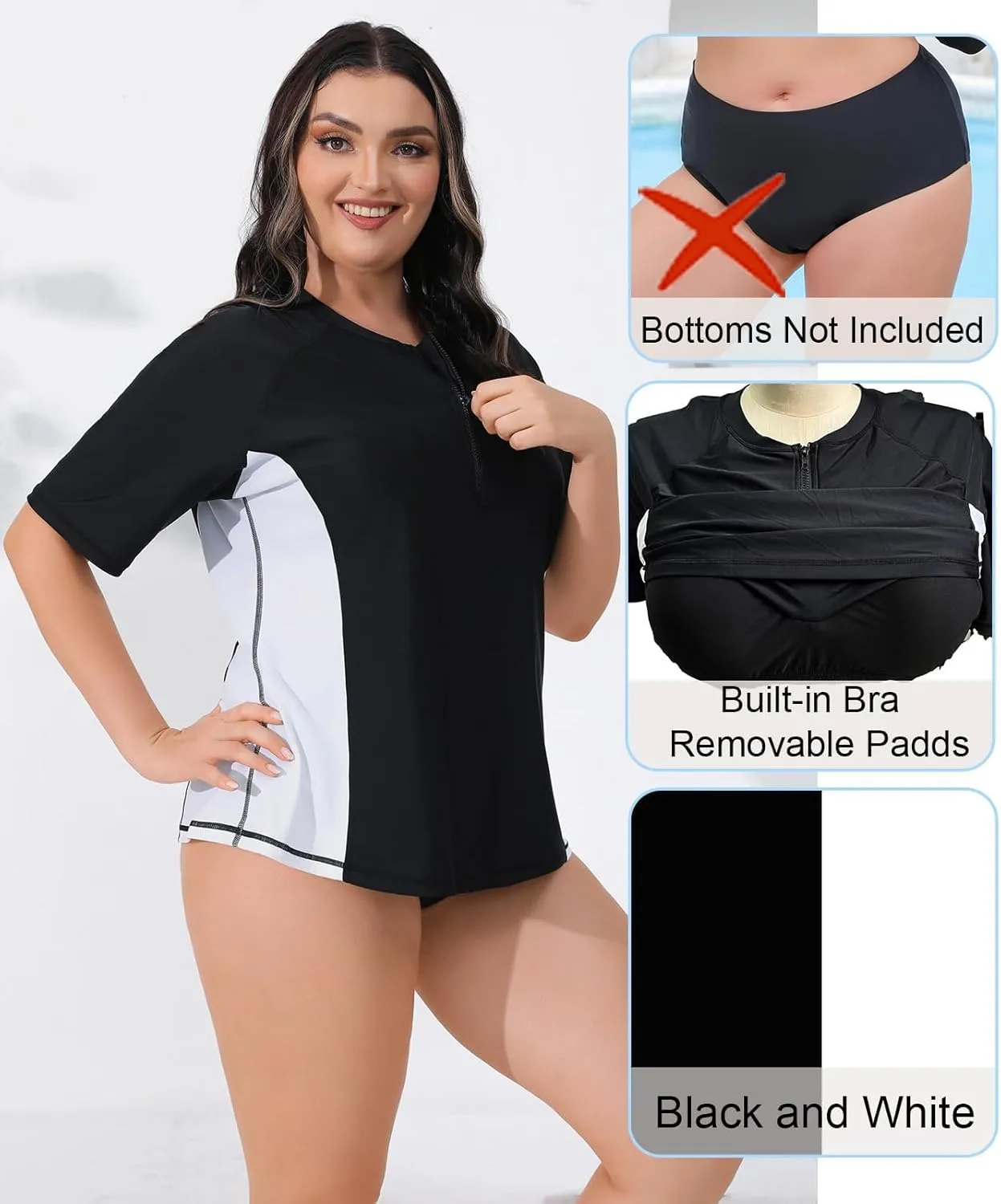 Halcurt Women's Plus Size Half Zip Short Sleeve Rash Guard Swim Shirt Top with Bra UPF50  Swimsuit