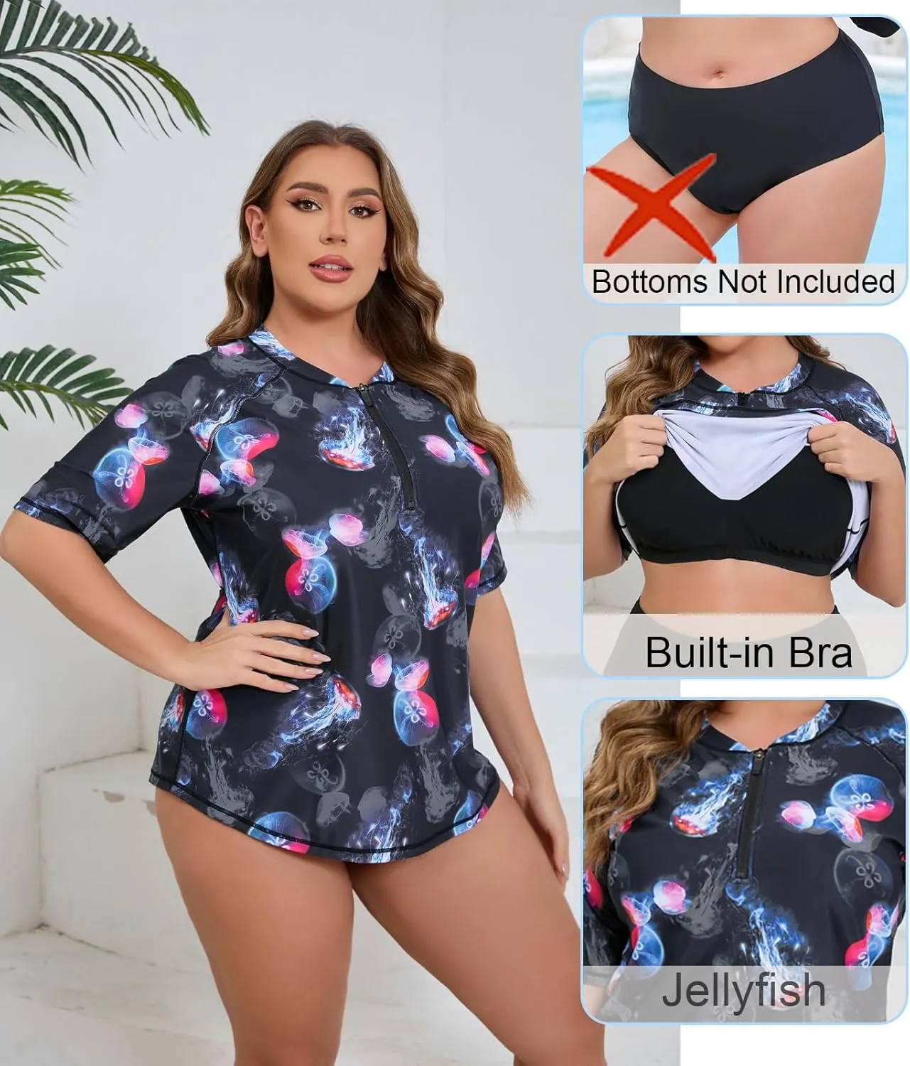 Halcurt Women's Plus Size Half Zip Short Sleeve Rash Guard Swim Shirt Top with Bra UPF50  Swimsuit