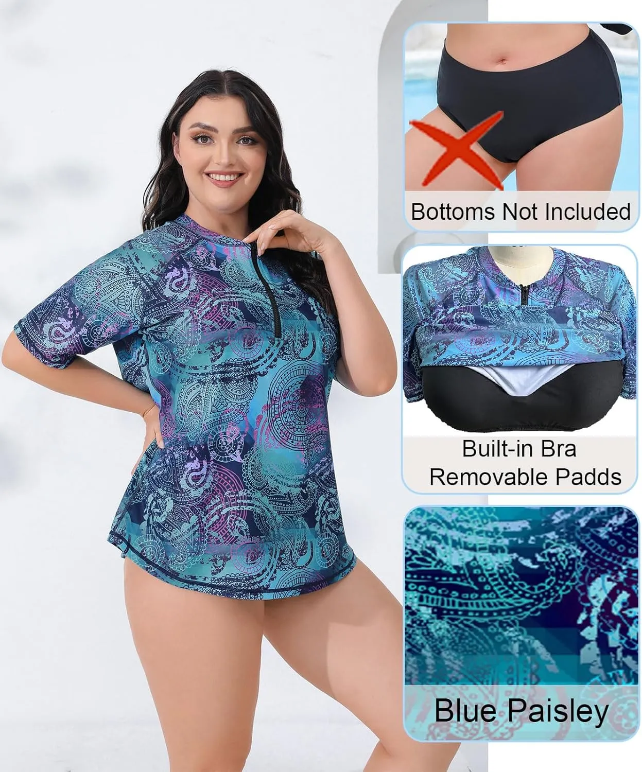 Halcurt Women's Plus Size Half Zip Short Sleeve Rash Guard Swim Shirt Top with Bra UPF50  Swimsuit