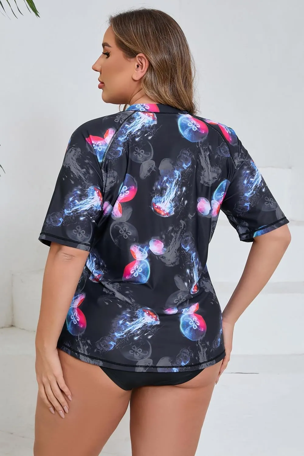 Halcurt Women's Plus Size Half Zip Short Sleeve Rash Guard Swim Shirt Top with Bra UPF50  Swimsuit