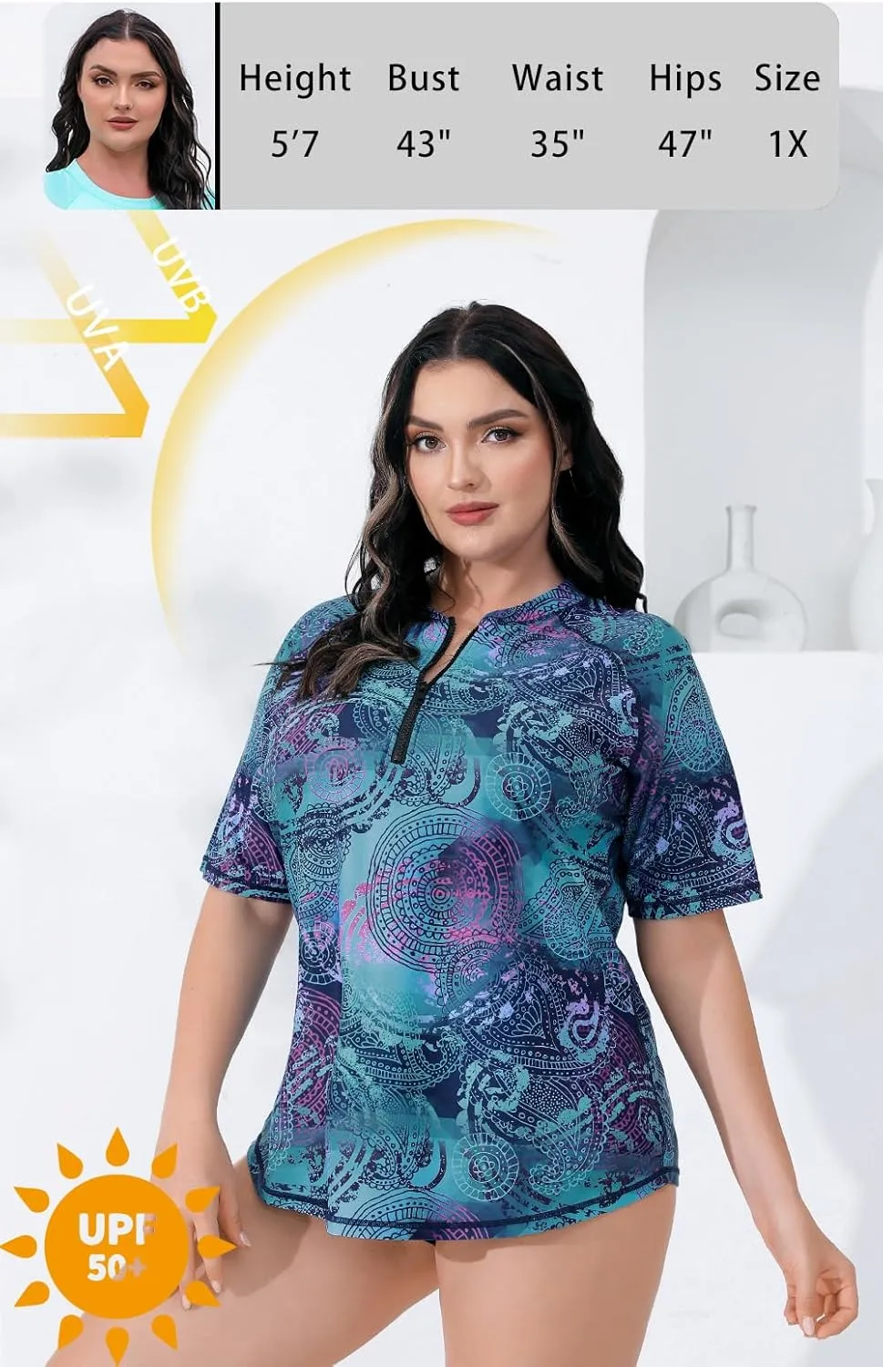 Halcurt Women's Plus Size Half Zip Short Sleeve Rash Guard Swim Shirt Top with Bra UPF50  Swimsuit