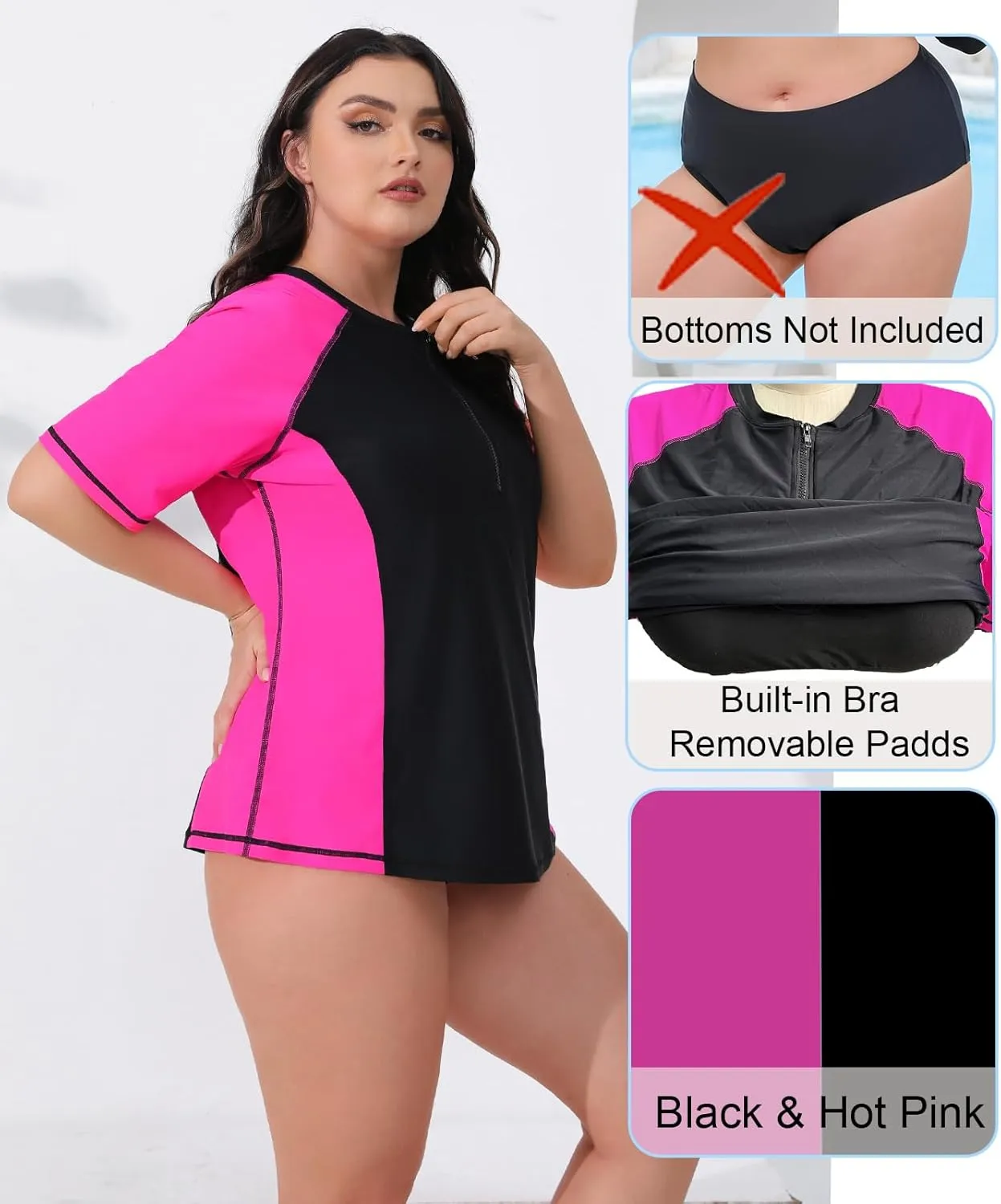 Halcurt Women's Plus Size Half Zip Short Sleeve Rash Guard Swim Shirt Top with Bra UPF50  Swimsuit