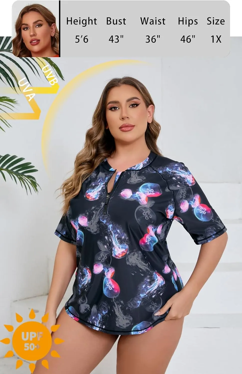 Halcurt Women's Plus Size Half Zip Short Sleeve Rash Guard Swim Shirt Top with Bra UPF50  Swimsuit