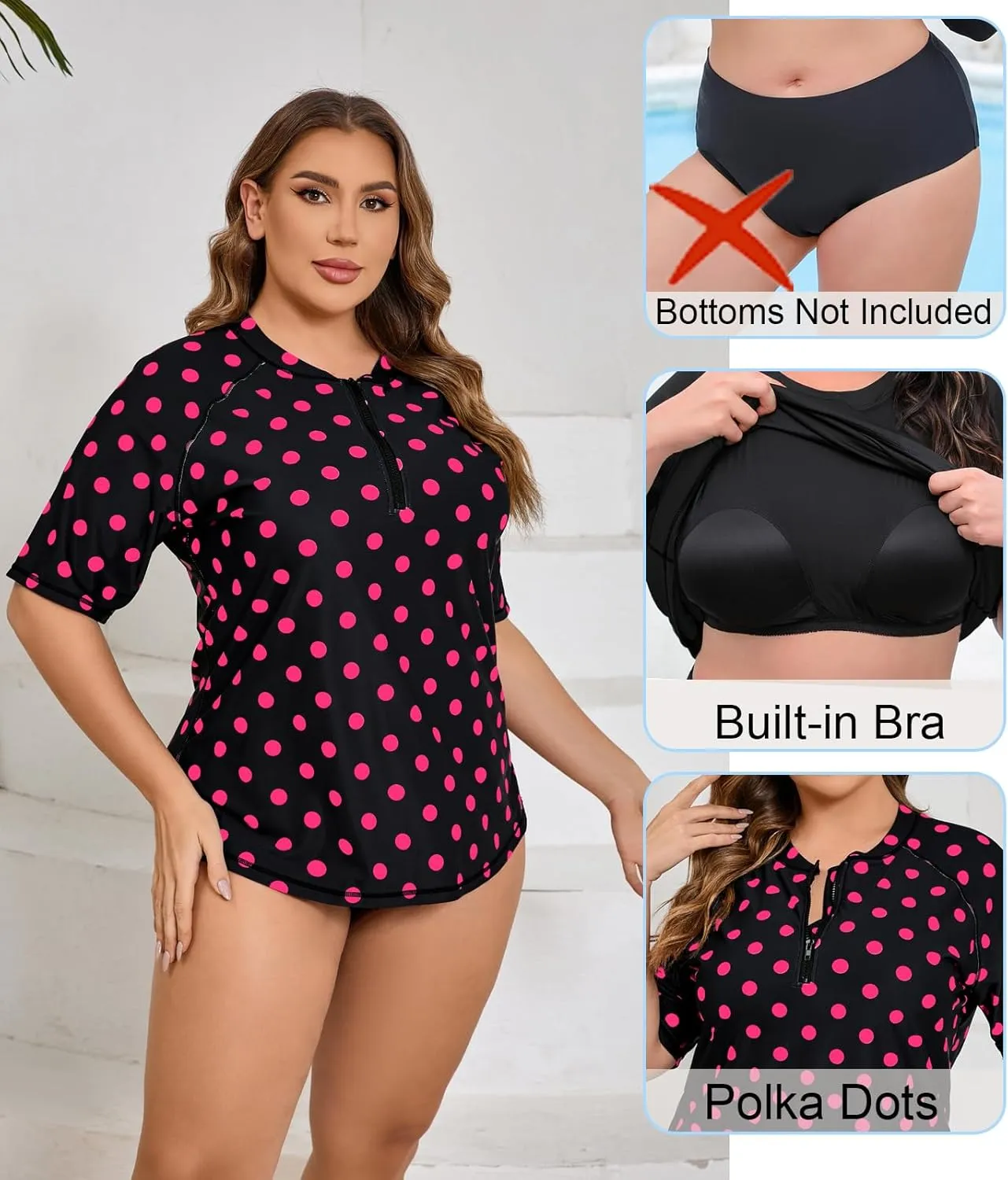 Halcurt Women's Plus Size Half Zip Short Sleeve Rash Guard Swim Shirt Top with Bra UPF50  Swimsuit
