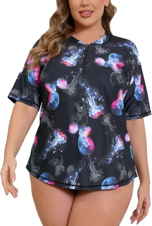 Halcurt Women's Plus Size Half Zip Short Sleeve Rash Guard Swim Shirt Top with Bra UPF50  Swimsuit
