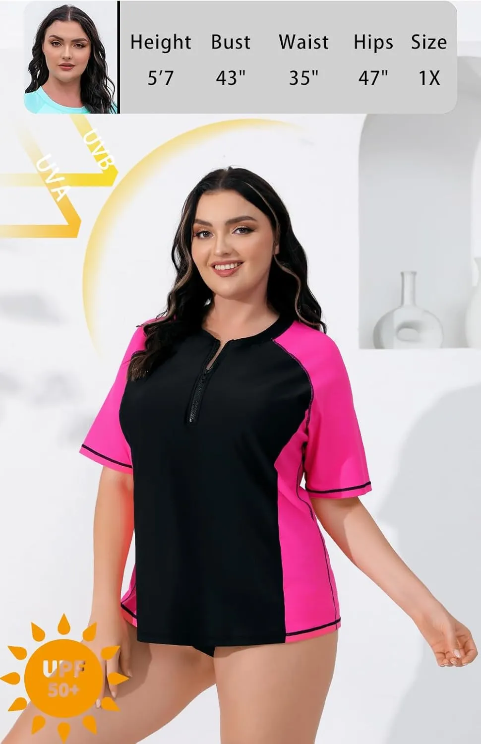 Halcurt Women's Plus Size Half Zip Short Sleeve Rash Guard Swim Shirt Top with Bra UPF50  Swimsuit