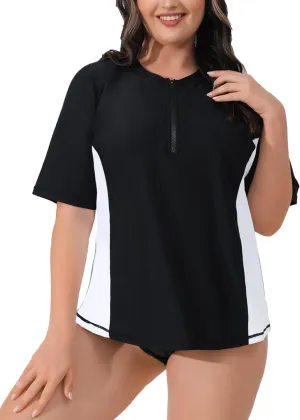 Halcurt Women's Plus Size Half Zip Short Sleeve Rash Guard Swim Shirt Top with Bra UPF50  Swimsuit