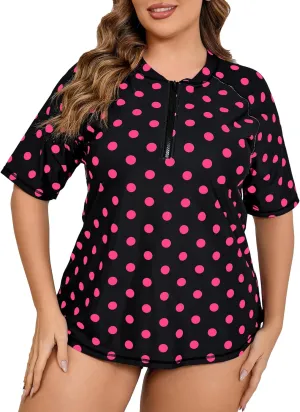 Halcurt Women's Plus Size Half Zip Short Sleeve Rash Guard Swim Shirt Top with Bra UPF50  Swimsuit