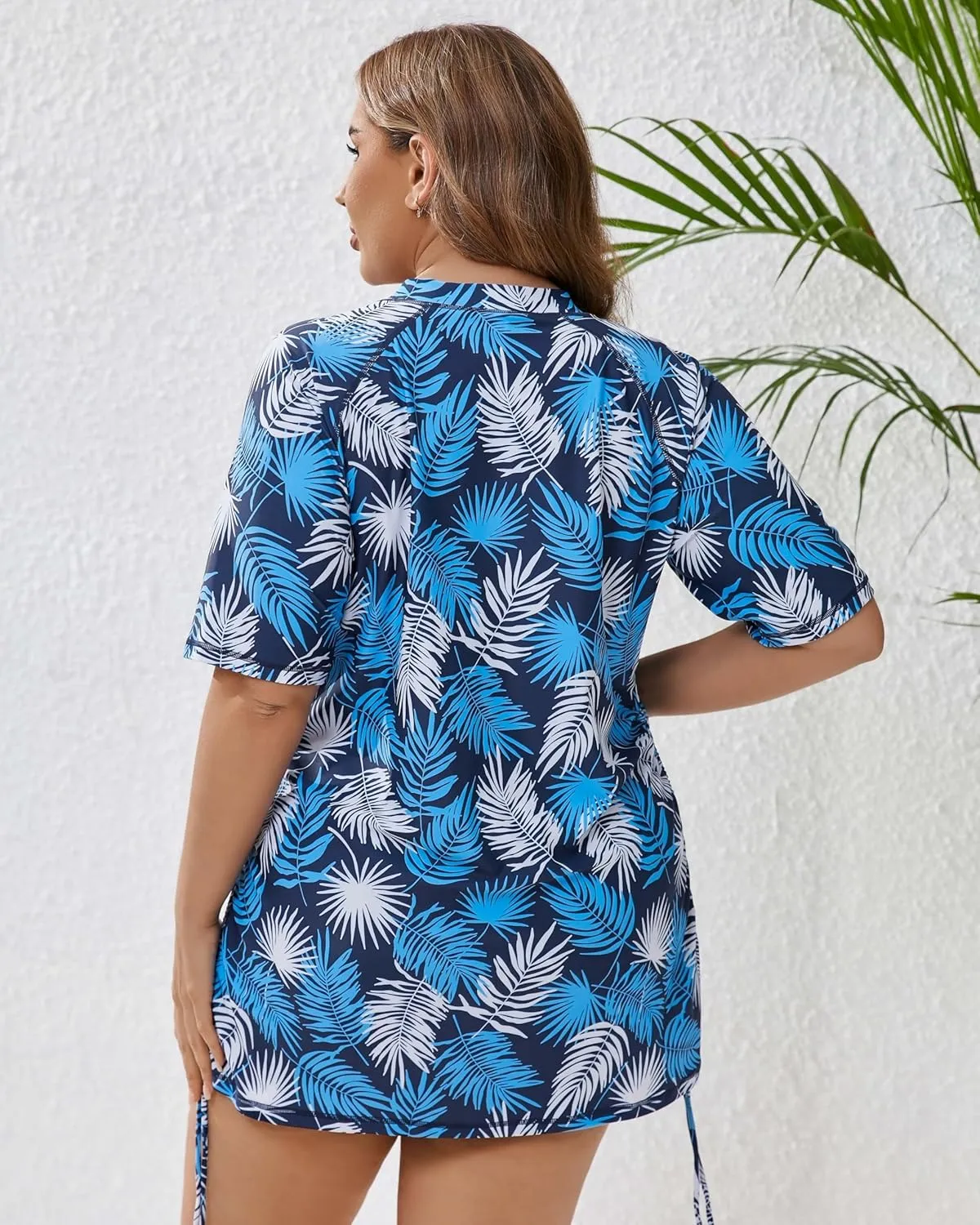Halcurt Women's Plus Size Half Zip Short Sleeve Rash Guard Swim Top Drawstring Swim Shirt UPF50  Swimsuit