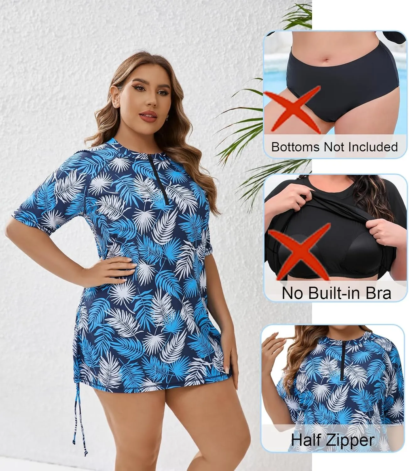 Halcurt Women's Plus Size Half Zip Short Sleeve Rash Guard Swim Top Drawstring Swim Shirt UPF50  Swimsuit