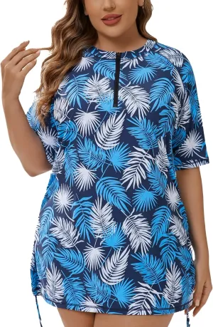 Halcurt Women's Plus Size Half Zip Short Sleeve Rash Guard Swim Top Drawstring Swim Shirt UPF50  Swimsuit