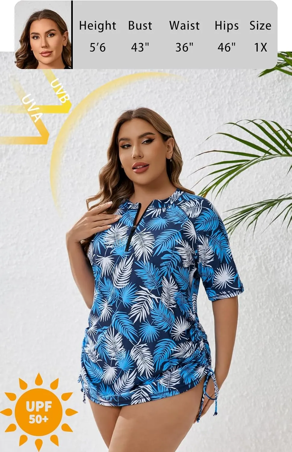 Halcurt Women's Plus Size Half Zip Short Sleeve Rash Guard Swim Top Drawstring Swim Shirt UPF50  Swimsuit