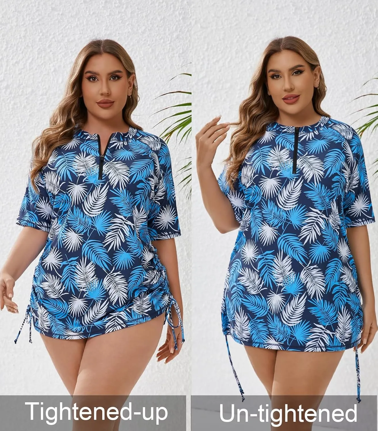 Halcurt Women's Plus Size Half Zip Short Sleeve Rash Guard Swim Top Drawstring Swim Shirt UPF50  Swimsuit