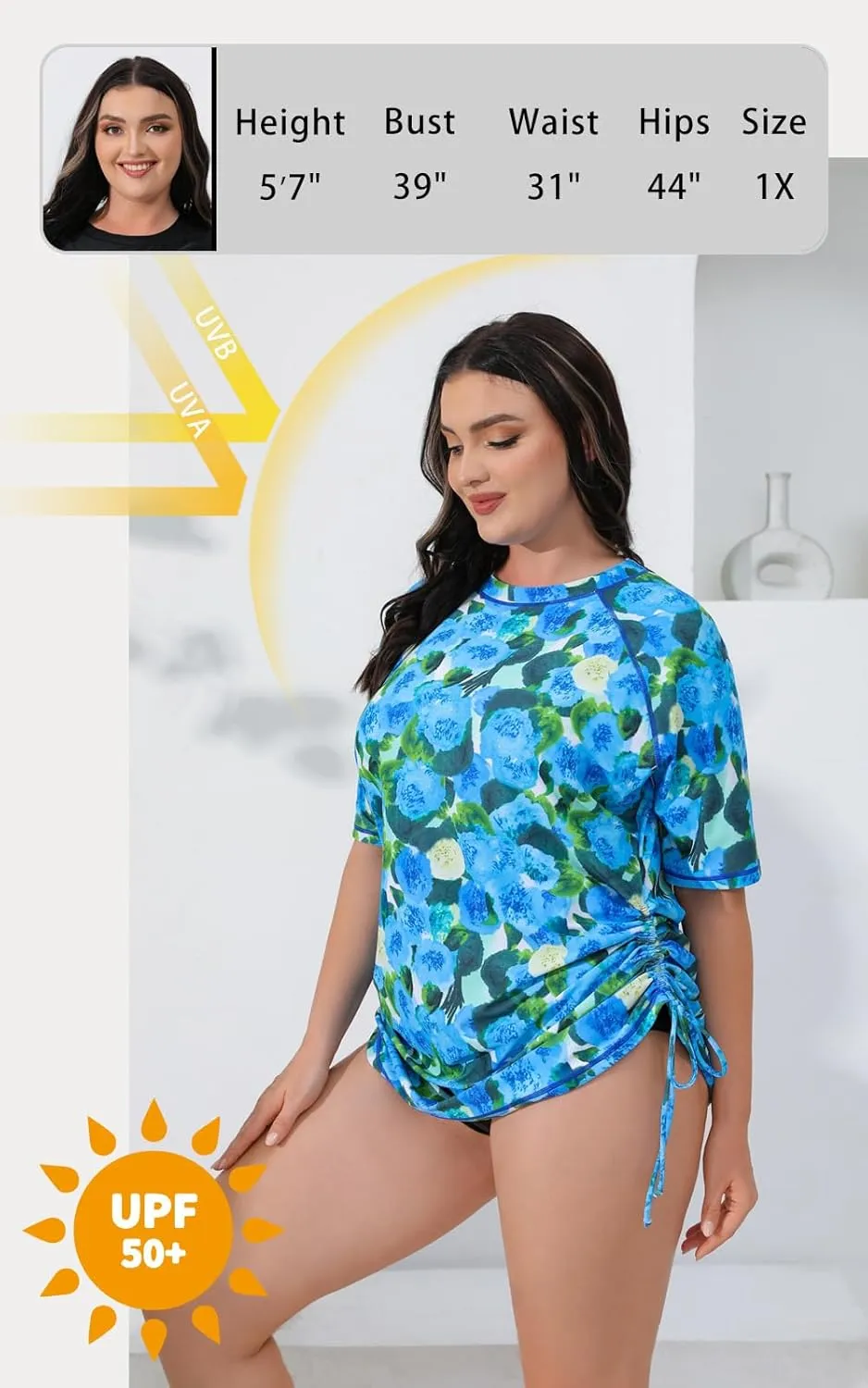 Halcurt Women's Plus Size Short Sleeve Rash Guard Ruched Side Drawstring Adjustable Swim Shirt UPF50 Quick Dry Swimsuit Top