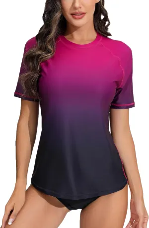 Halcurt Women's Short Sleeve Rash Guard Swimsuit Top with Built in Bra Swim Shirt UPF50  Quick Dry Bathing Suit