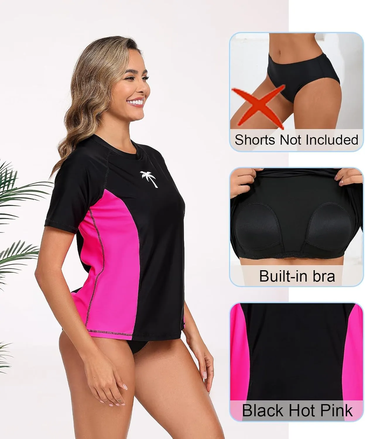 Halcurt Women's Short Sleeve Rash Guard Swimsuit Top with Built in Bra Swim Shirt UPF50  Quick Dry Bathing Suit