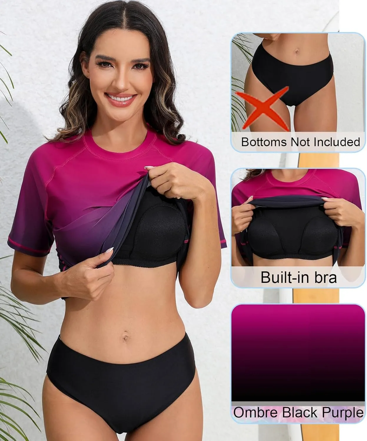 Halcurt Women's Short Sleeve Rash Guard Swimsuit Top with Built in Bra Swim Shirt UPF50  Quick Dry Bathing Suit