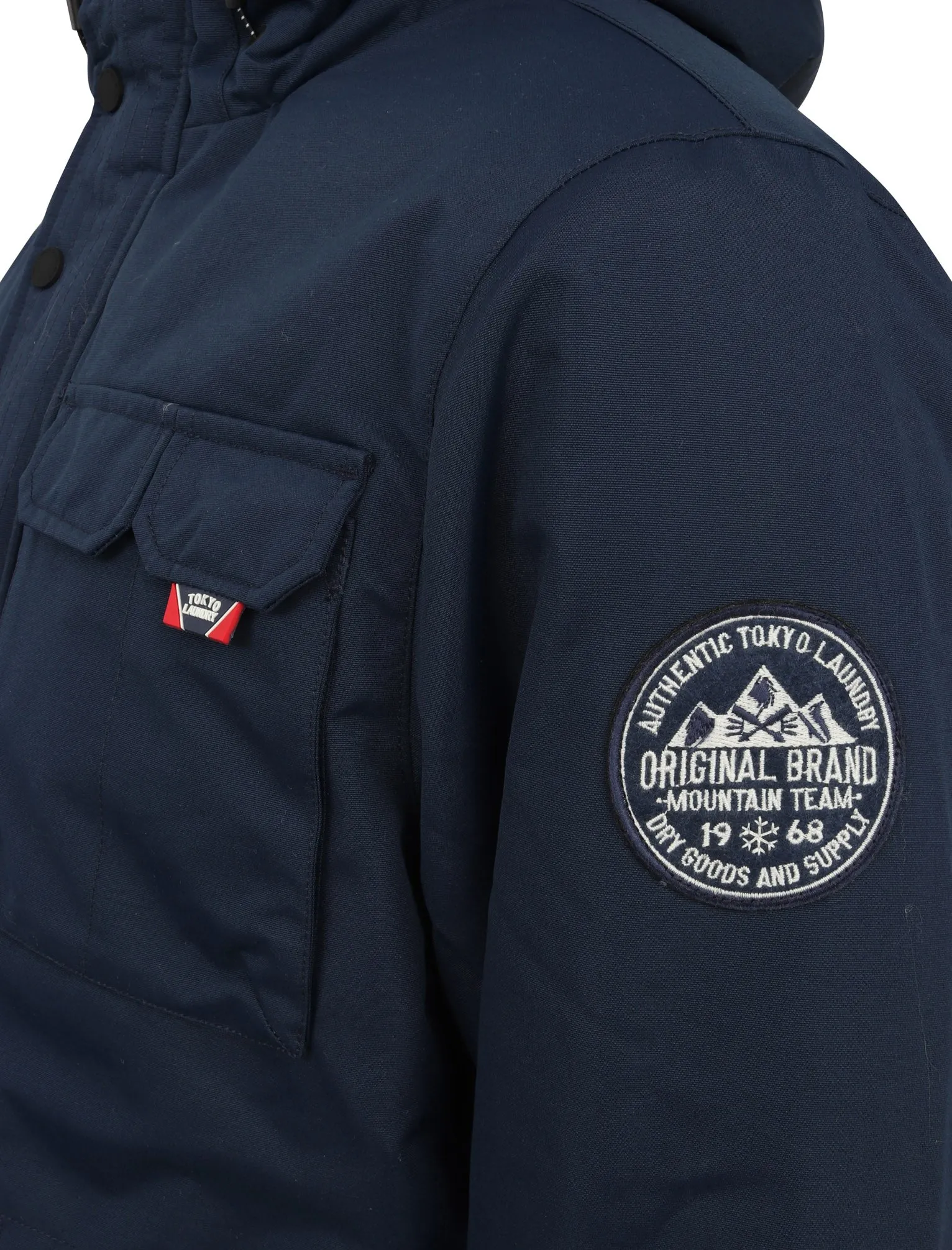 Hjalmar Utility Parka Coat with Fleece Lined Faux Fur Trim Hood in Navy - Tokyo Laundry