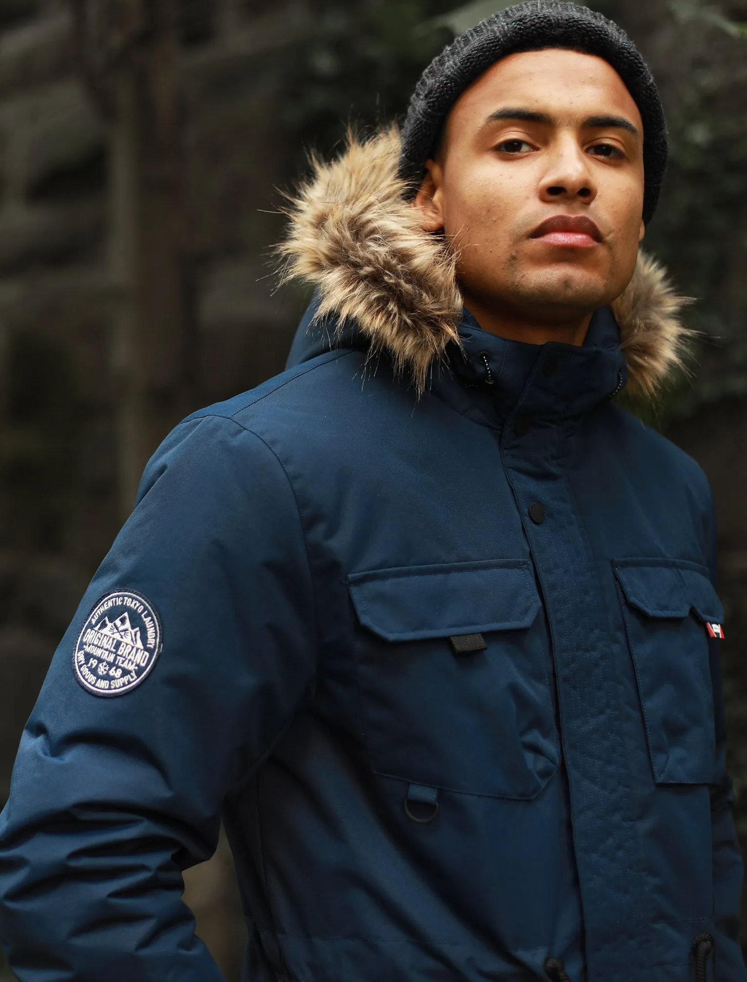Hjalmar Utility Parka Coat with Fleece Lined Faux Fur Trim Hood in Navy - Tokyo Laundry