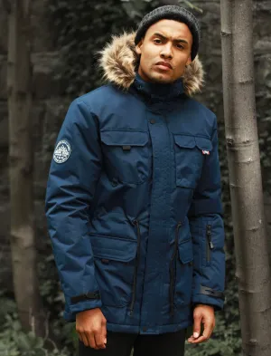 Hjalmar Utility Parka Coat with Fleece Lined Faux Fur Trim Hood in Navy - Tokyo Laundry