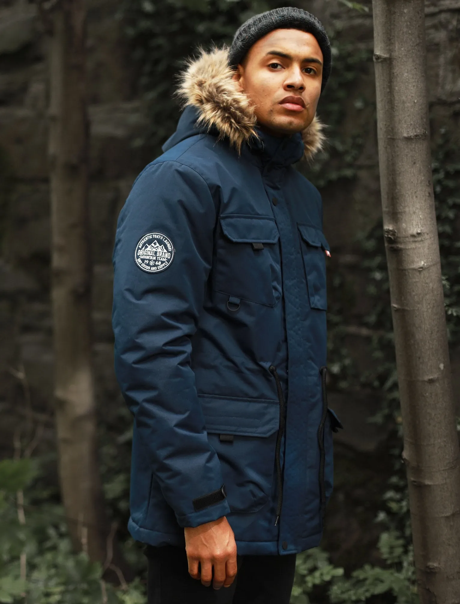 Hjalmar Utility Parka Coat with Fleece Lined Faux Fur Trim Hood in Navy - Tokyo Laundry