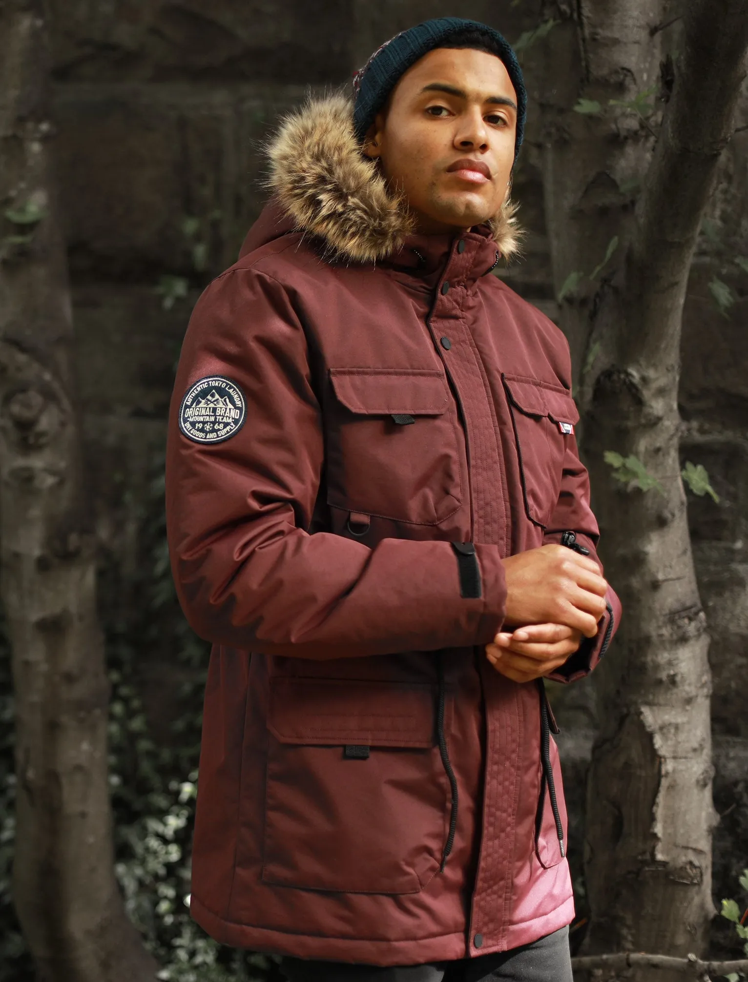 Hjalmar Utility Parka Coat with Fleece Lined Faux Fur Trim Hood in Vintage Wine - Tokyo Laundry