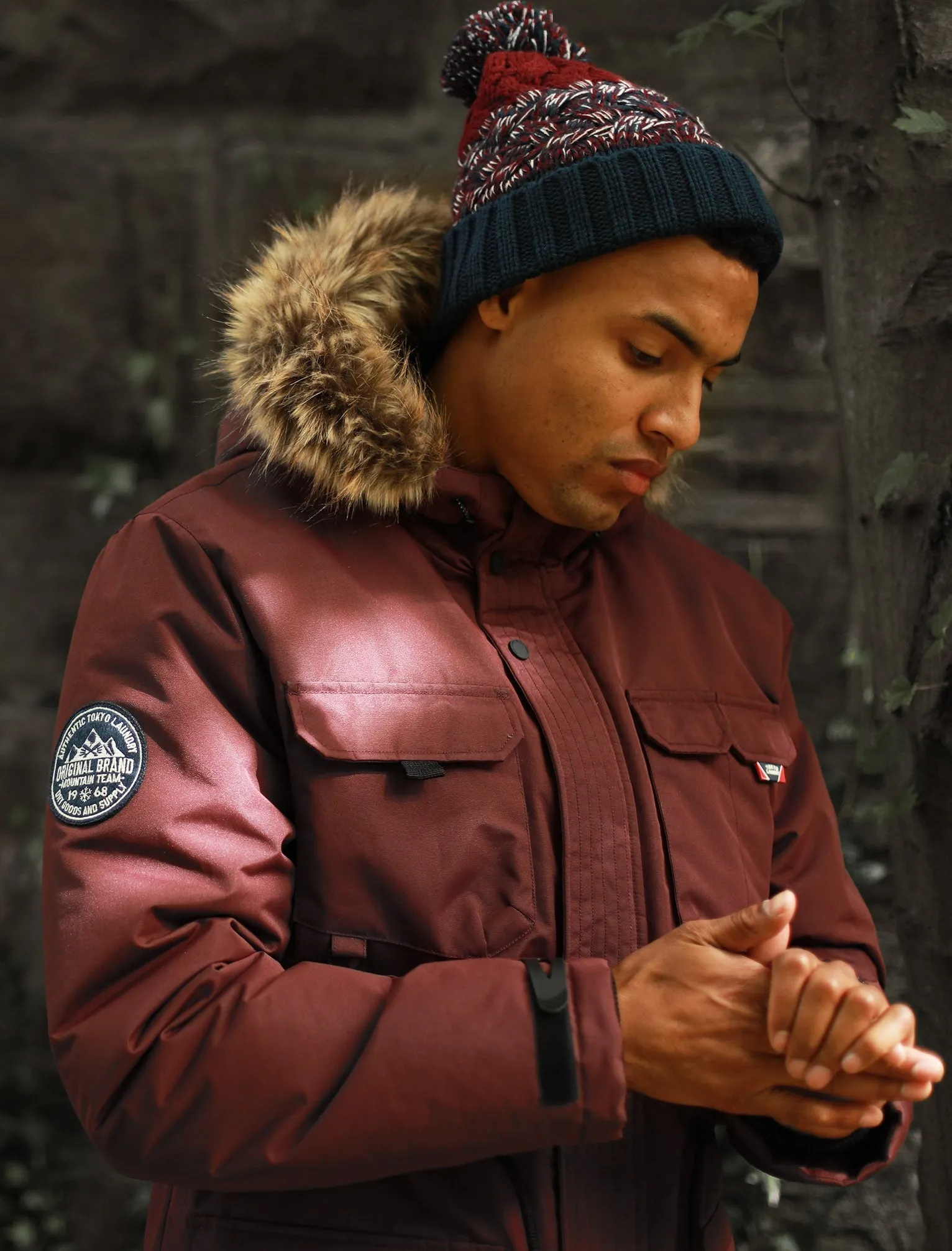 Hjalmar Utility Parka Coat with Fleece Lined Faux Fur Trim Hood in Vintage Wine - Tokyo Laundry
