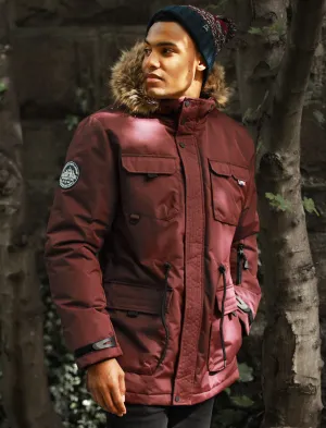 Hjalmar Utility Parka Coat with Fleece Lined Faux Fur Trim Hood in Vintage Wine - Tokyo Laundry