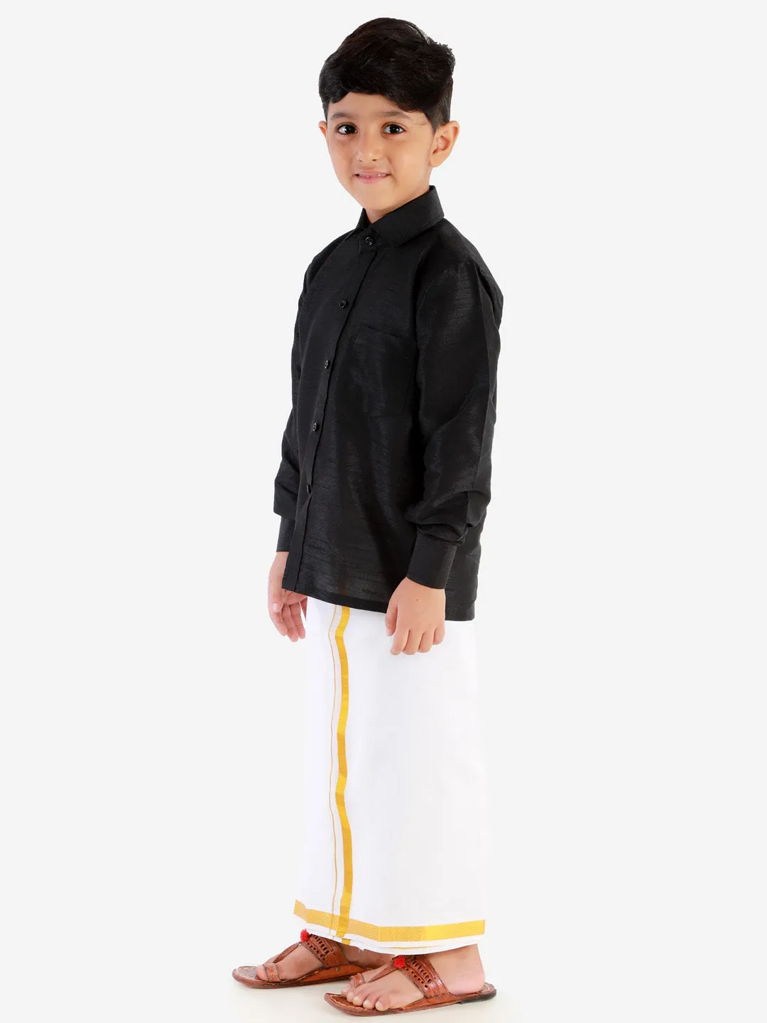 Jashvi Men's & Boys Black Solid Silk Blend Full Sleeve Ethnic Shirt And Mundu Set