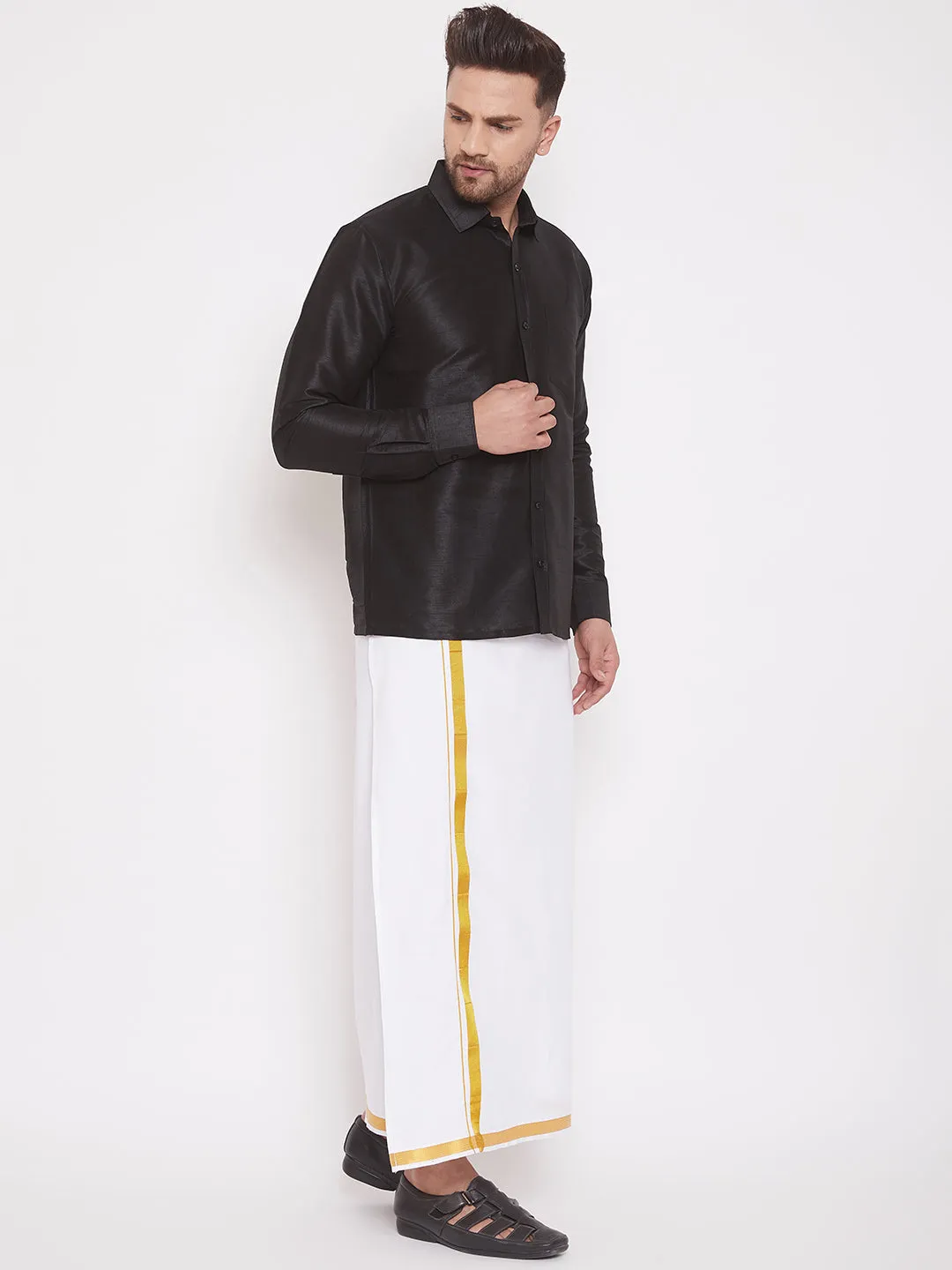 Jashvi Men's & Boys Black Solid Silk Blend Full Sleeve Ethnic Shirt And Mundu Set