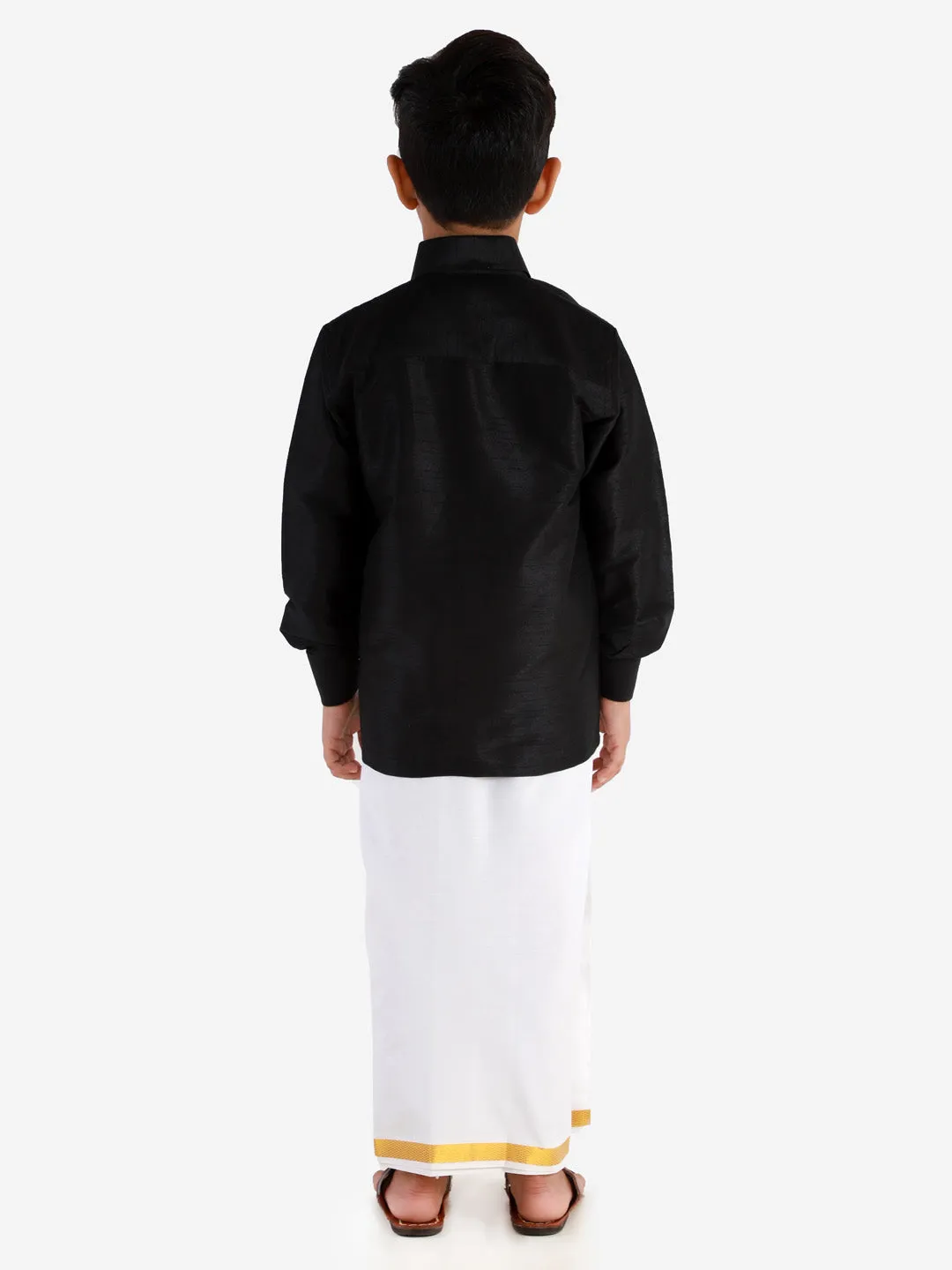 Jashvi Men's & Boys Black Solid Silk Blend Full Sleeve Ethnic Shirt And Mundu Set