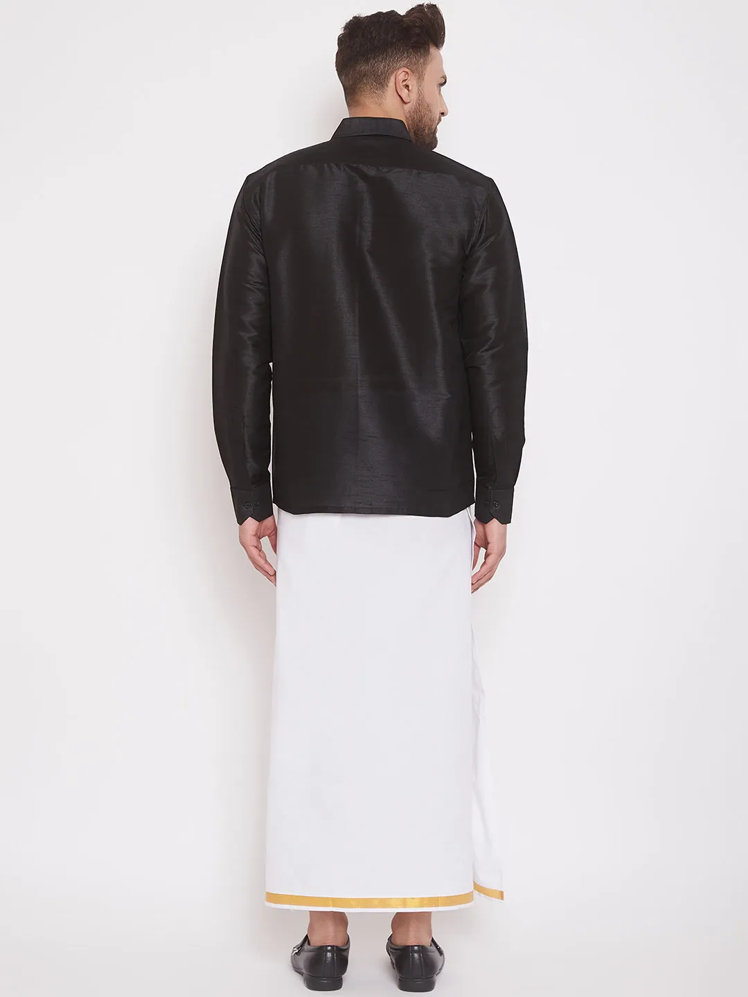 Jashvi Men's & Boys Black Solid Silk Blend Full Sleeve Ethnic Shirt And Mundu Set