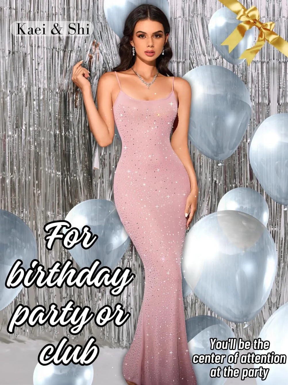 Kaei&Shi Rhinestone Mesh Dress,Glitter Sparkly Embellished Sheer Maxi Dresses,Sexy Birthday Outfit for Women Cocktail Party