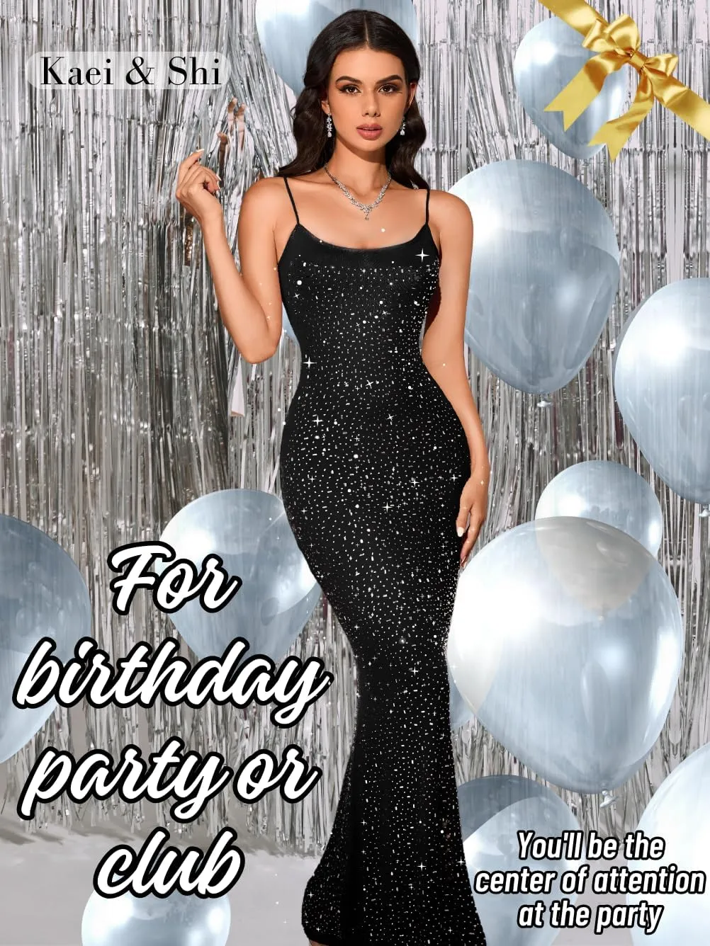 Kaei&Shi Rhinestone Mesh Dress,Glitter Sparkly Embellished Sheer Maxi Dresses,Sexy Birthday Outfit for Women Cocktail Party