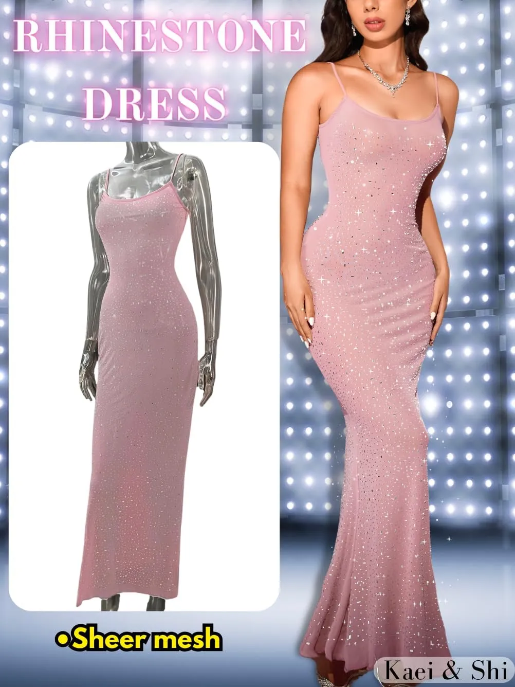 Kaei&Shi Rhinestone Mesh Dress,Glitter Sparkly Embellished Sheer Maxi Dresses,Sexy Birthday Outfit for Women Cocktail Party