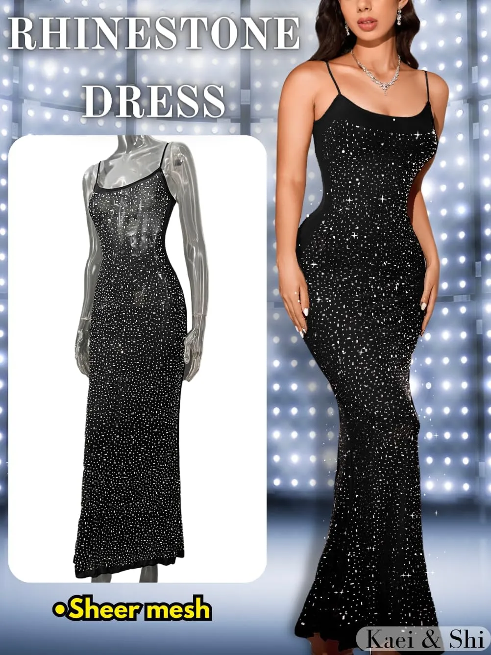 Kaei&Shi Rhinestone Mesh Dress,Glitter Sparkly Embellished Sheer Maxi Dresses,Sexy Birthday Outfit for Women Cocktail Party