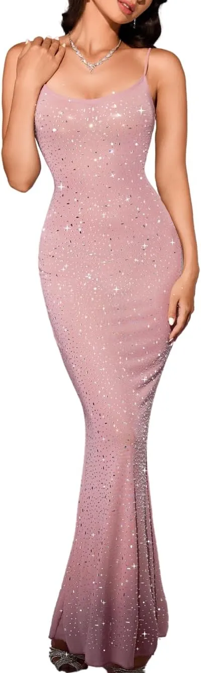 Kaei&Shi Rhinestone Mesh Dress,Glitter Sparkly Embellished Sheer Maxi Dresses,Sexy Birthday Outfit for Women Cocktail Party