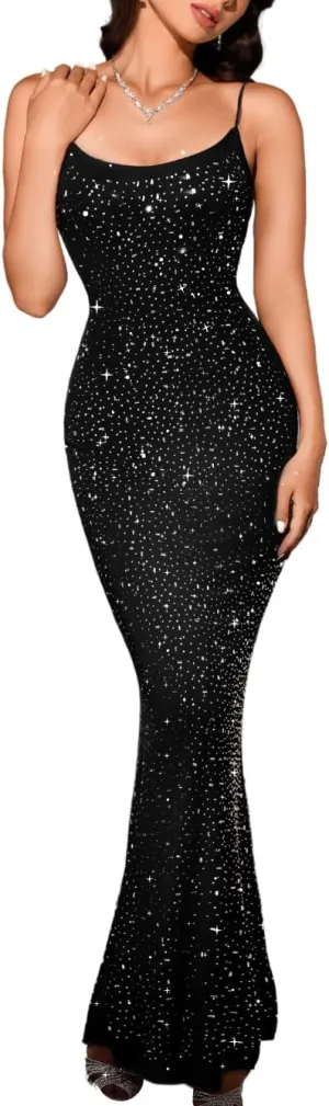 Kaei&Shi Rhinestone Mesh Dress,Glitter Sparkly Embellished Sheer Maxi Dresses,Sexy Birthday Outfit for Women Cocktail Party