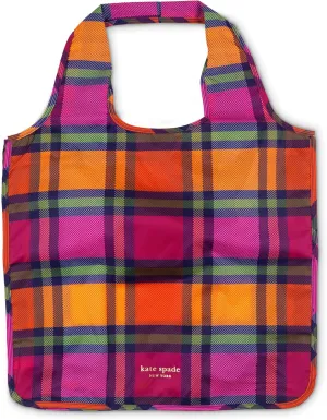 kate spade new york Reusable Produce Bags, Shopping Tote with Zipper Storage Pouch, Lightweight Foldable Grocery Bag, Grand Plaid Duo