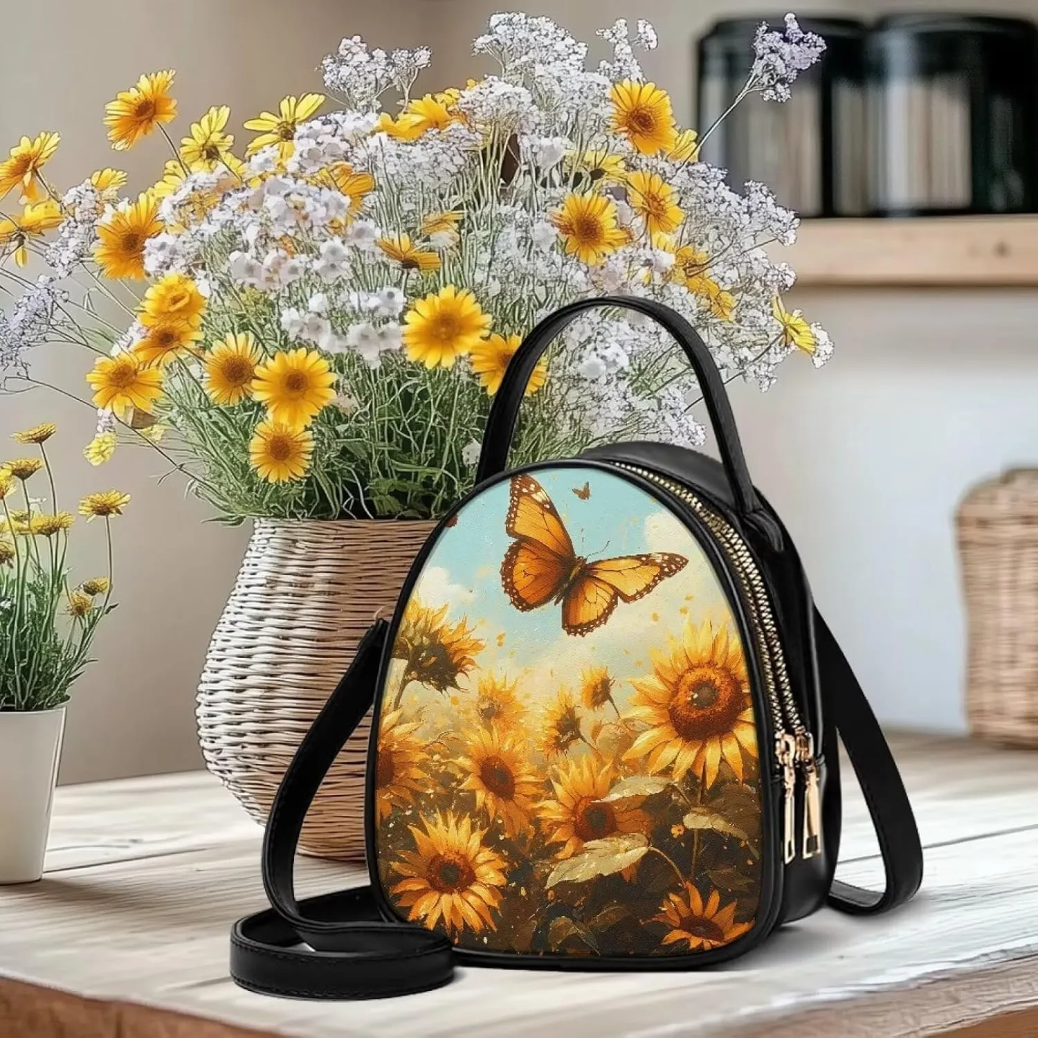 Ladies Double Layer Soft PU Leather Multi-Pocket Shoulder Bag Handbag Womens Crossboby Bag with Adjustable Strap