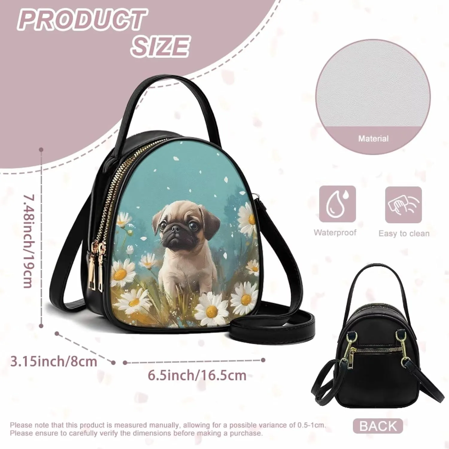 Lady Double Layer Soft PU Leather Womens Handle Small Square Bag Satchel Handbag with Zipper Pockets Shoulder Bag