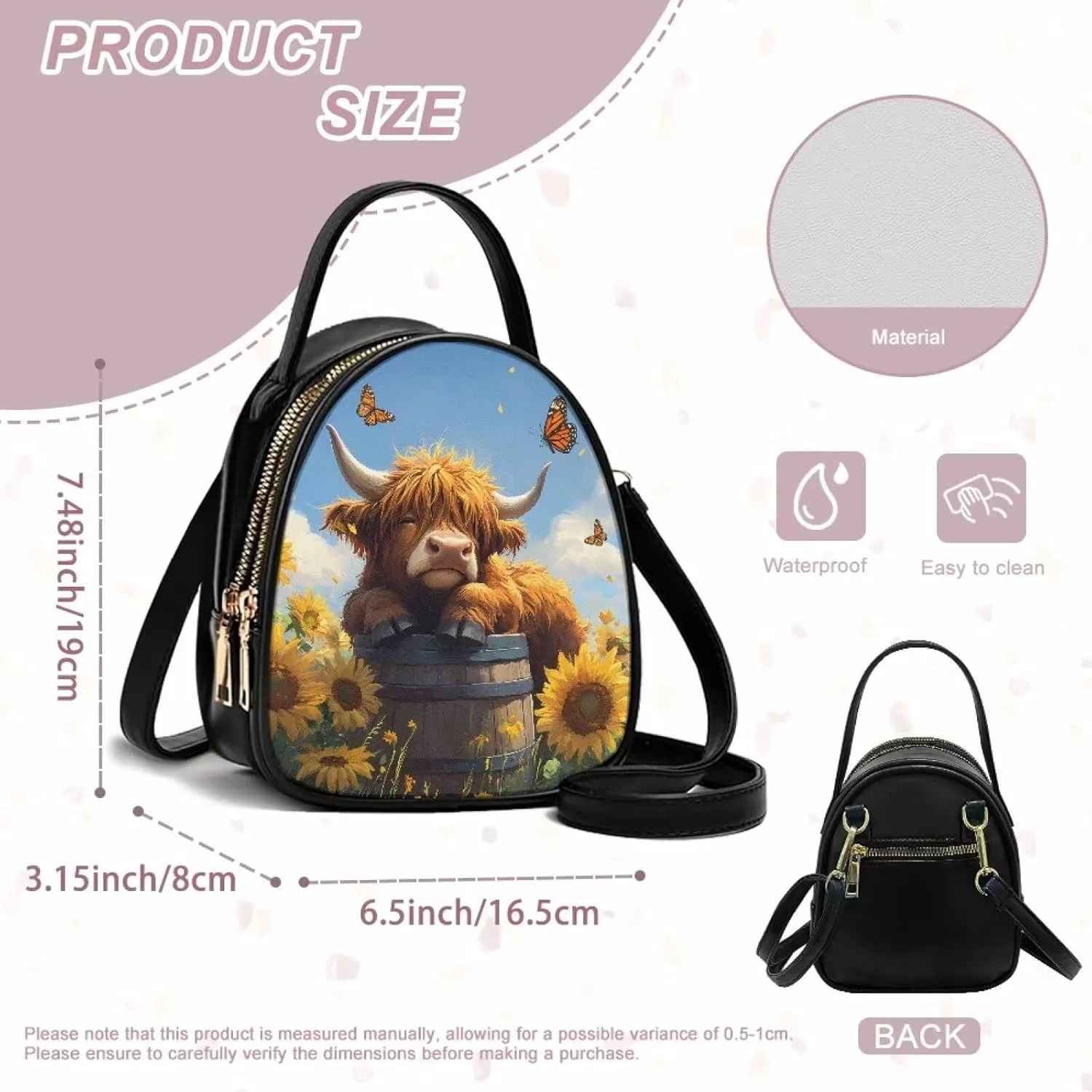 Lady Double Layer Soft PU Leather Womens Handle Small Square Bag Satchel Handbag with Zipper Pockets Shoulder Bag