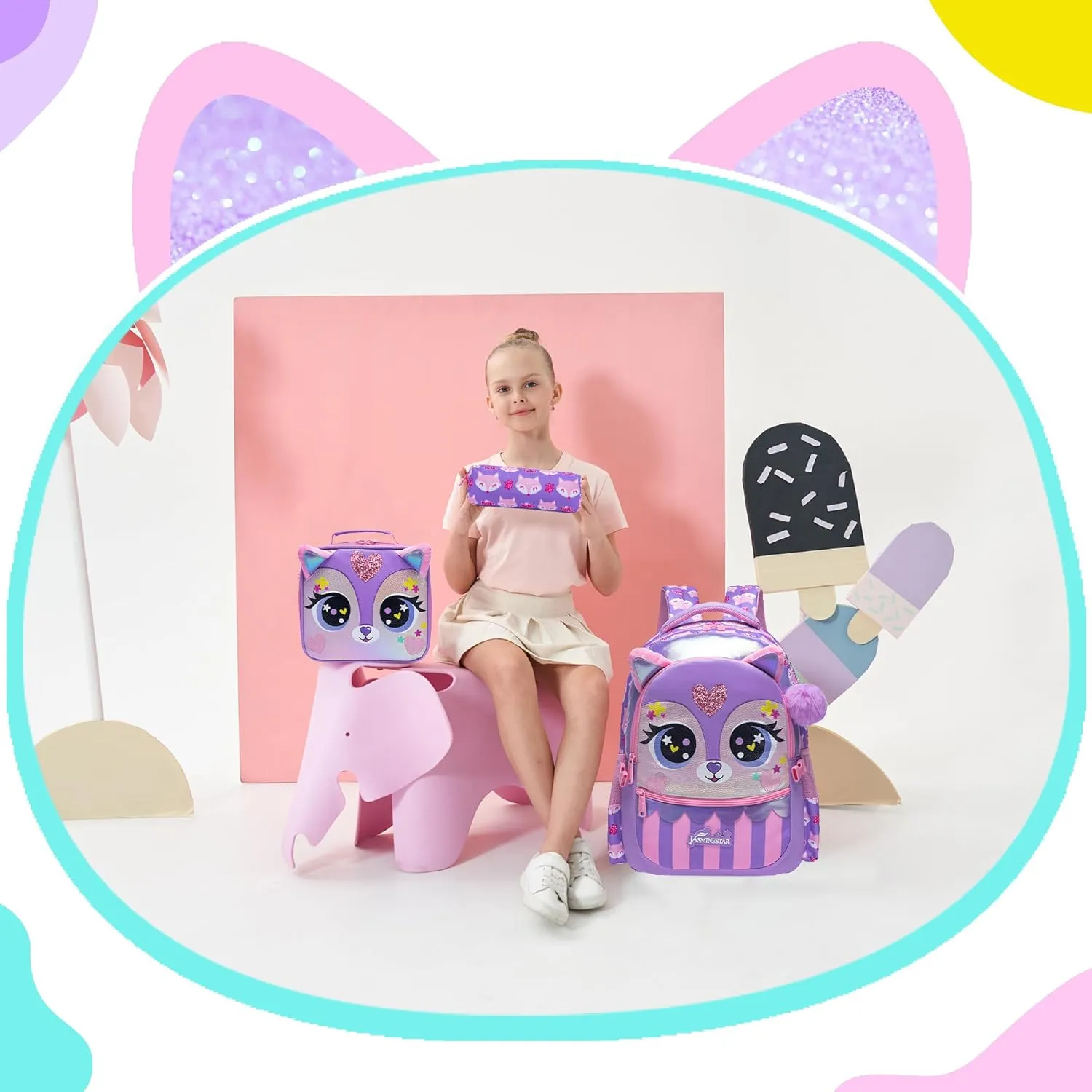Meetbelify 3 in 1 Backpack Set for Girls - Ages 8-10 with Lunch Box & Pencil Case