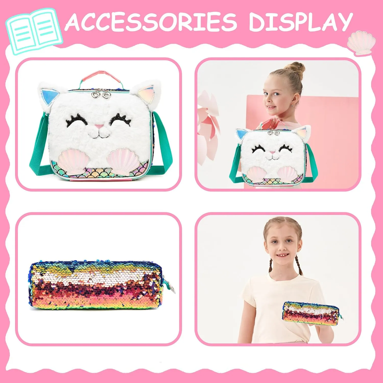 Meetbelify Cute Cat Sequin Backpack for Girls - 3 in 1 Set with Lunch Box & Pencil Case - Ages 8-10