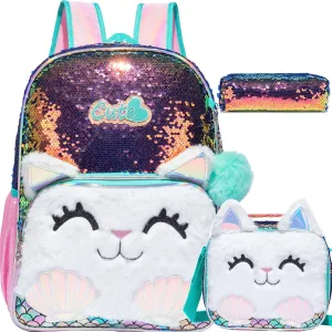 Meetbelify Cute Cat Sequin Backpack for Girls - 3 in 1 Set with Lunch Box & Pencil Case - Ages 8-10